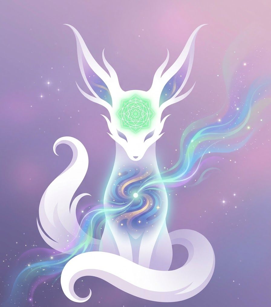 一只发光的白色守护灵坐在紫色星空里,额心亮着绿色曼陀罗,胸口有一片缓缓转动的星系。