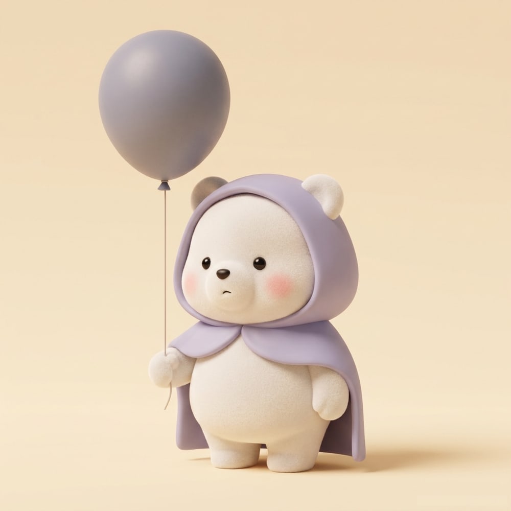 A small white bear in a lilac cape holds the string of a grey balloon, against a cream background.